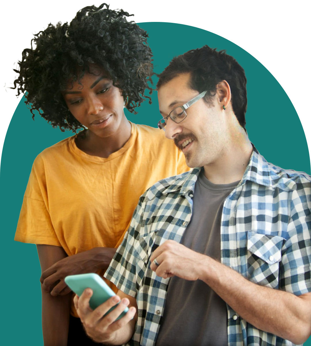 woman-yellow-shirt-looking-over-man-shoulder-wearing-flannel-to-see-phone
