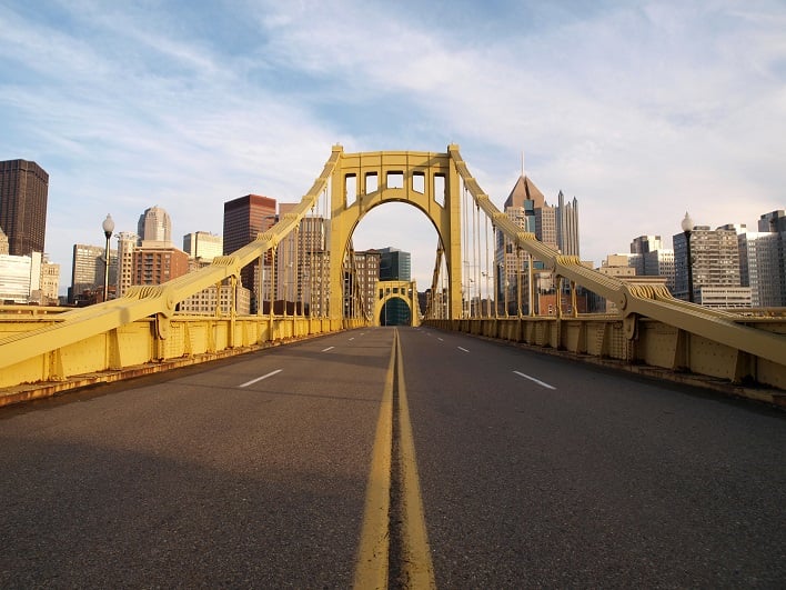 Big empty bridge in downtown Pittsburgh Pennsylvania.