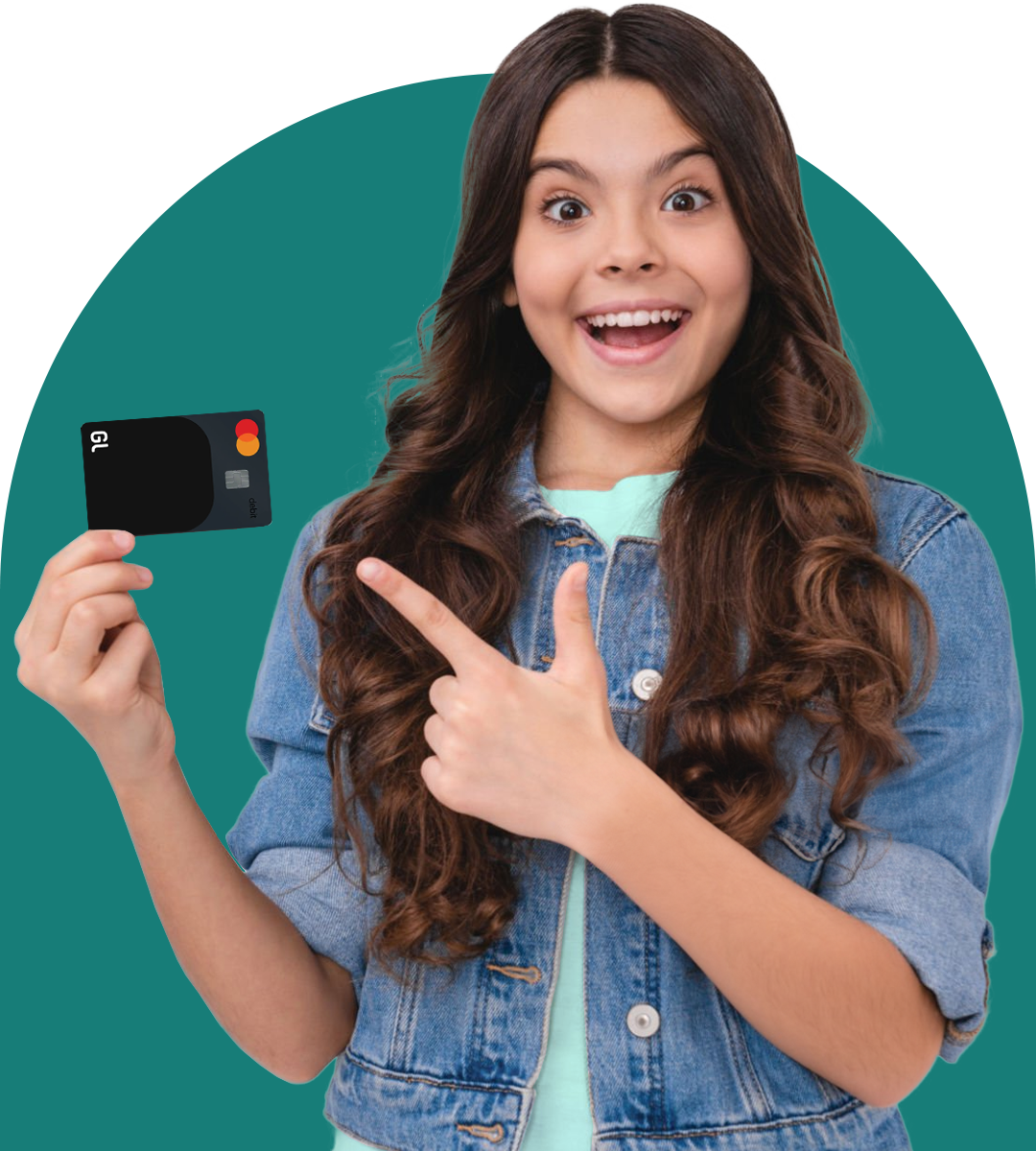 teen girl wearing jean jacket holding greenlight debit card