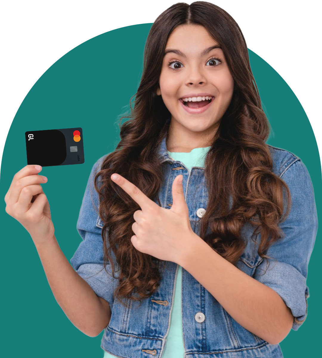 teen girl wearing jean jacket holding greenlight debit card