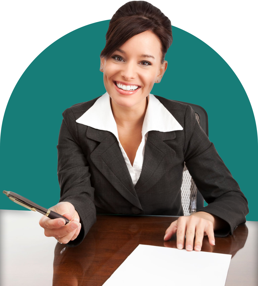 business woman with smile at desk wanting document signed